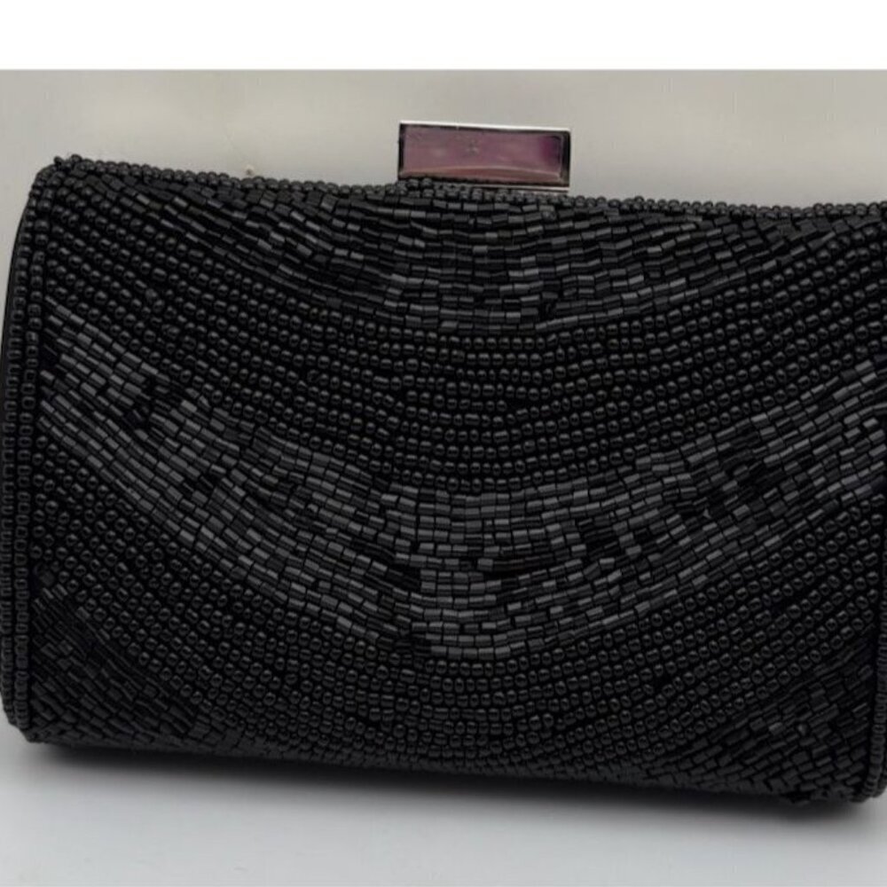BCBG Maxazria Black Beaded Clutch Purse Handbag Hot Pink Lining Chrome Trim - Picture 9 of 9